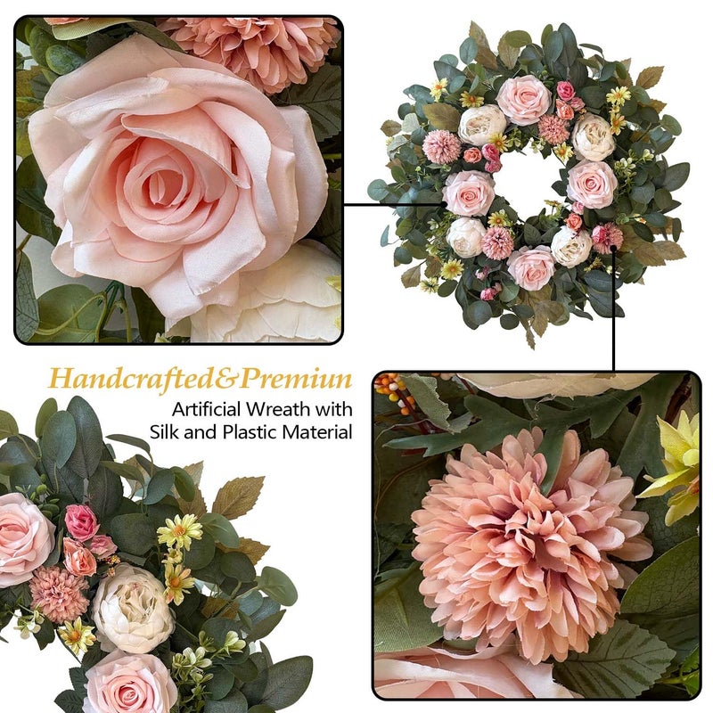 WANNA-CUL 24 Inch Spring Valentines Day Peony Wreaths for Front Door,Spring Mothers Day Wreath Gifts Decorations with Pink Rose and Pompon Button Chrysanthemum for Indoor&Outdoor Decor - Image 3